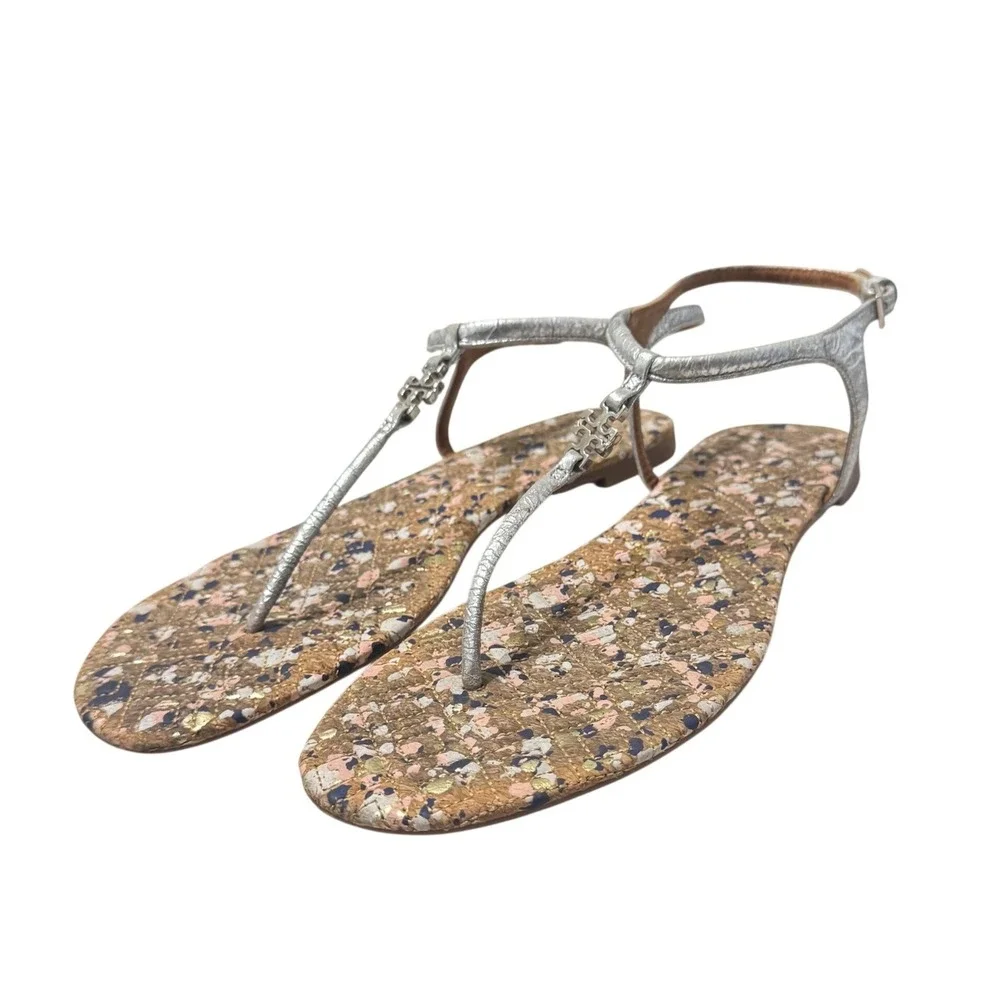 Tory Burch Marion Silver Metallic T-Strap Cork Logo Sandals Shoes‎ Womens 10M